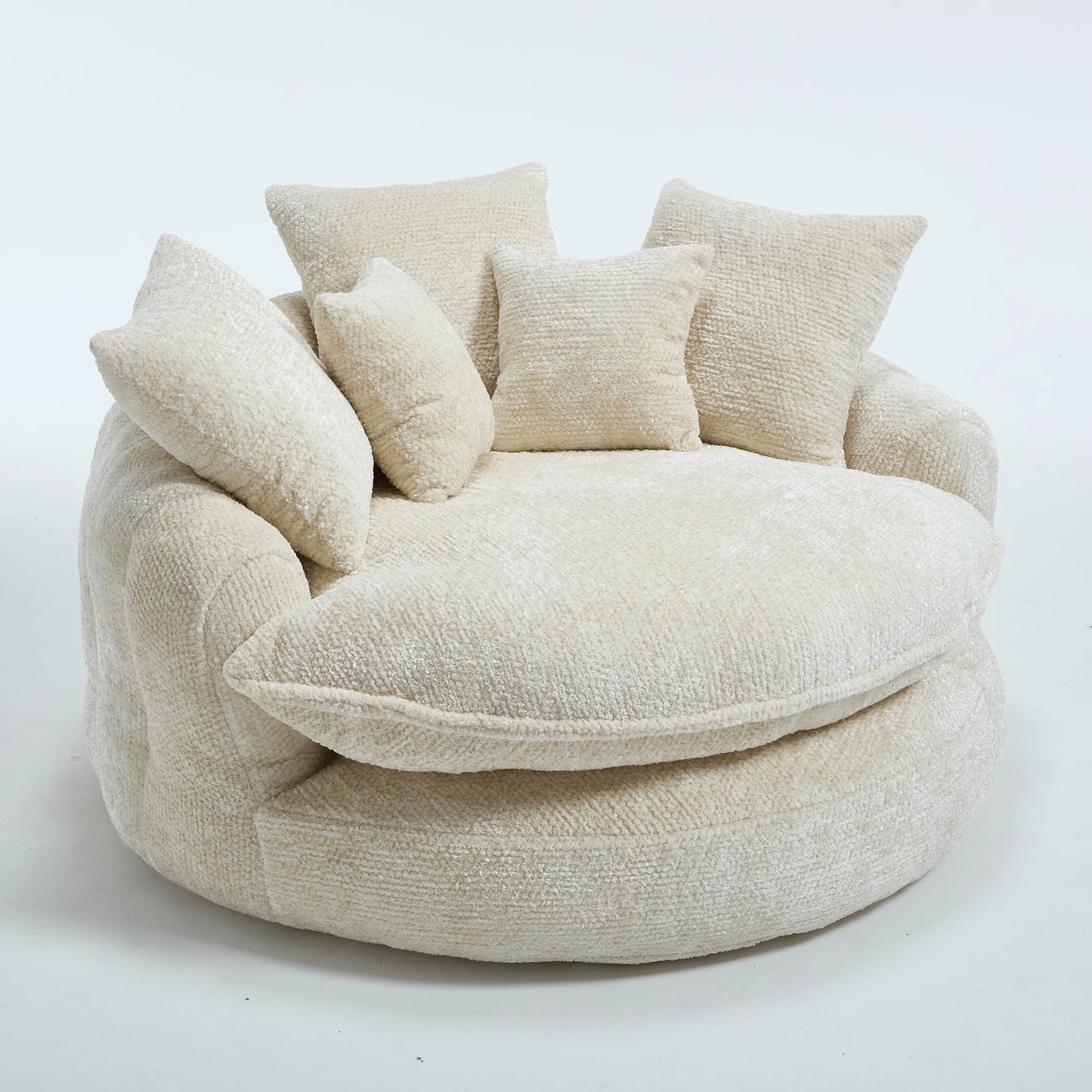 Round Chaise Lounge Chair Modern Upholstered With Five Throw Pillows