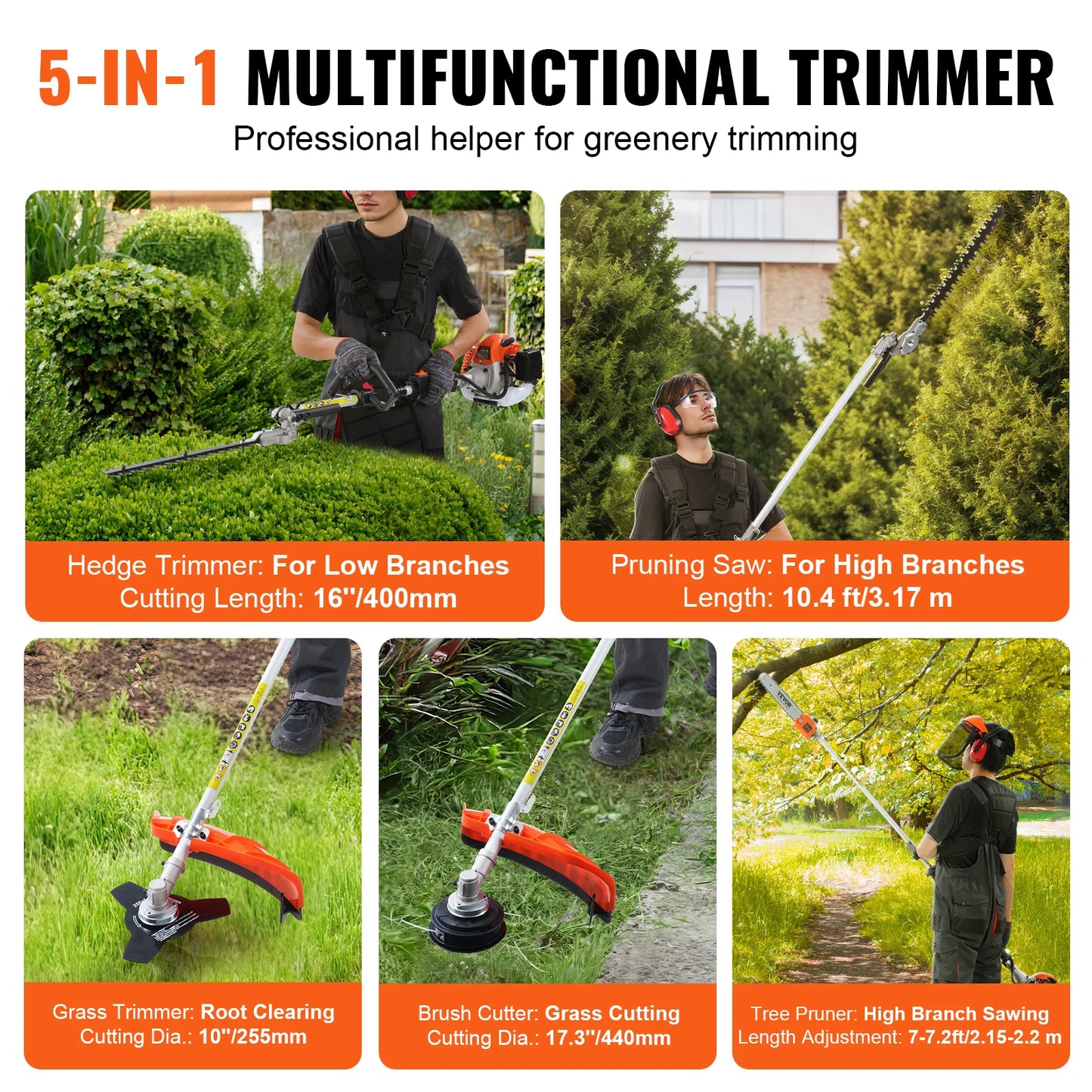 SucceBuy 26CC 5-in-1 Multi-Functional Trimming Tools Gas Hedge Trimmer Weed Eater String Trimmer Edger Pole Saw Chainsaw Pruner