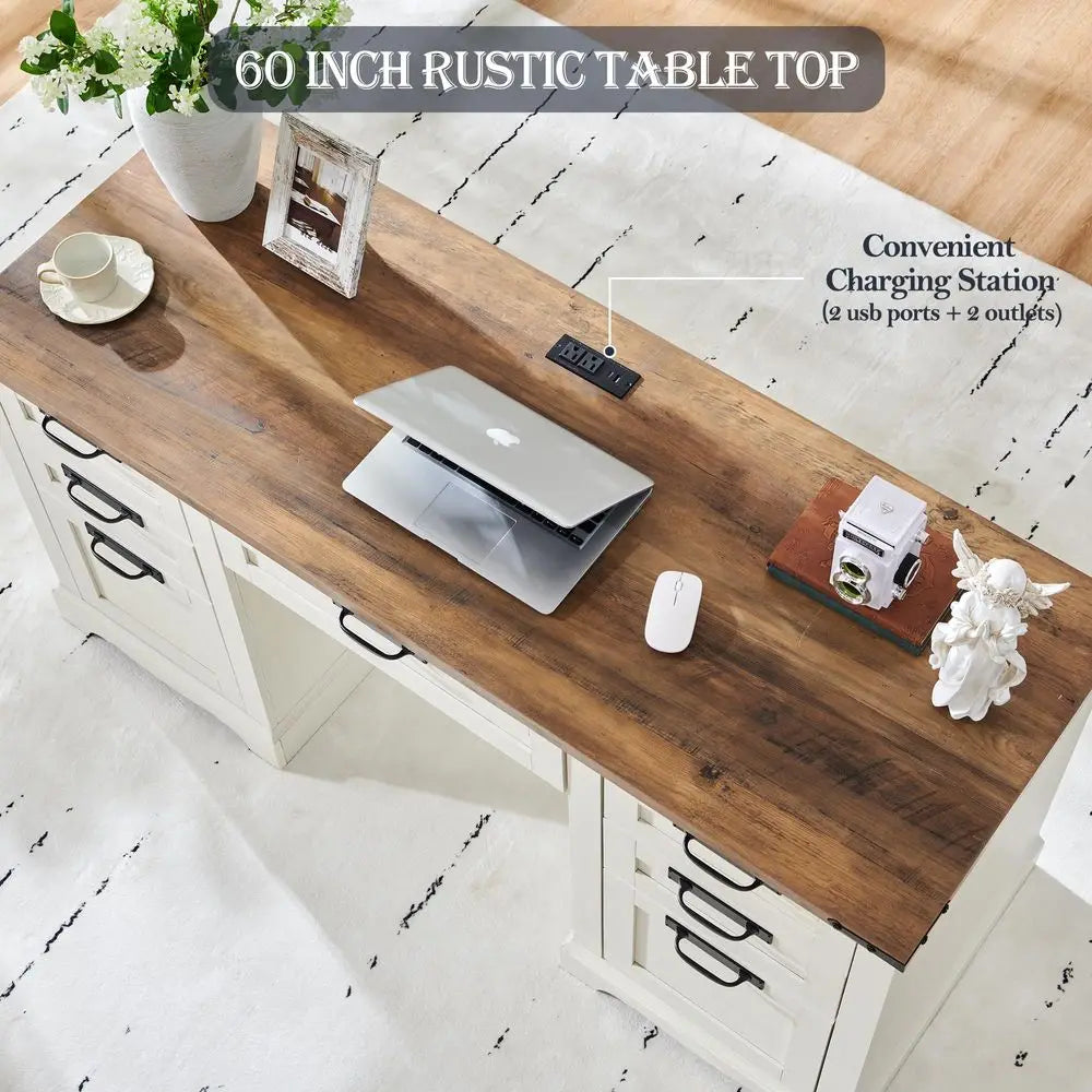 QWC Farmhouse Executive Desk With Drawers And Charging Station