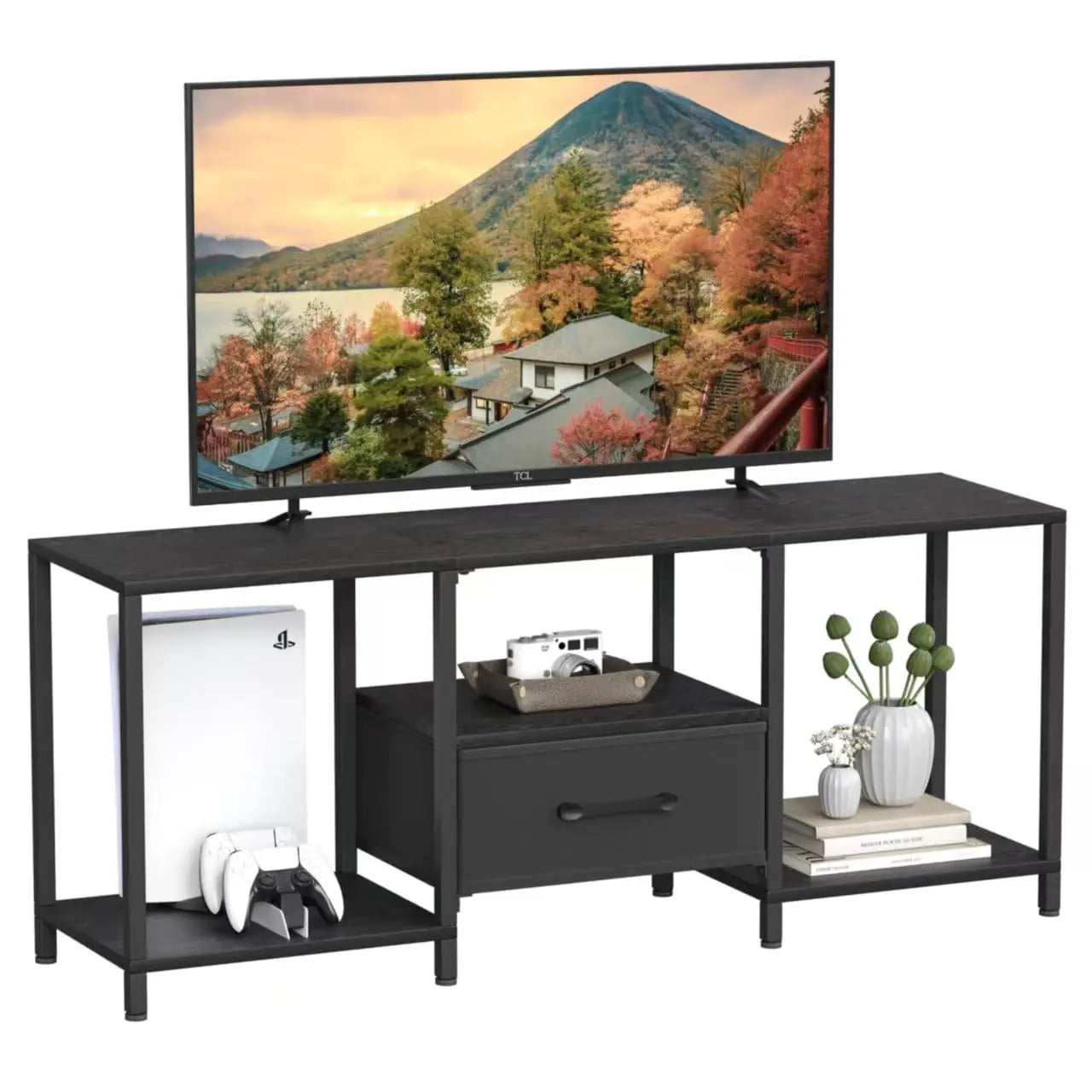 TV Stand With LED Lights And Fabric Drawer Media Console