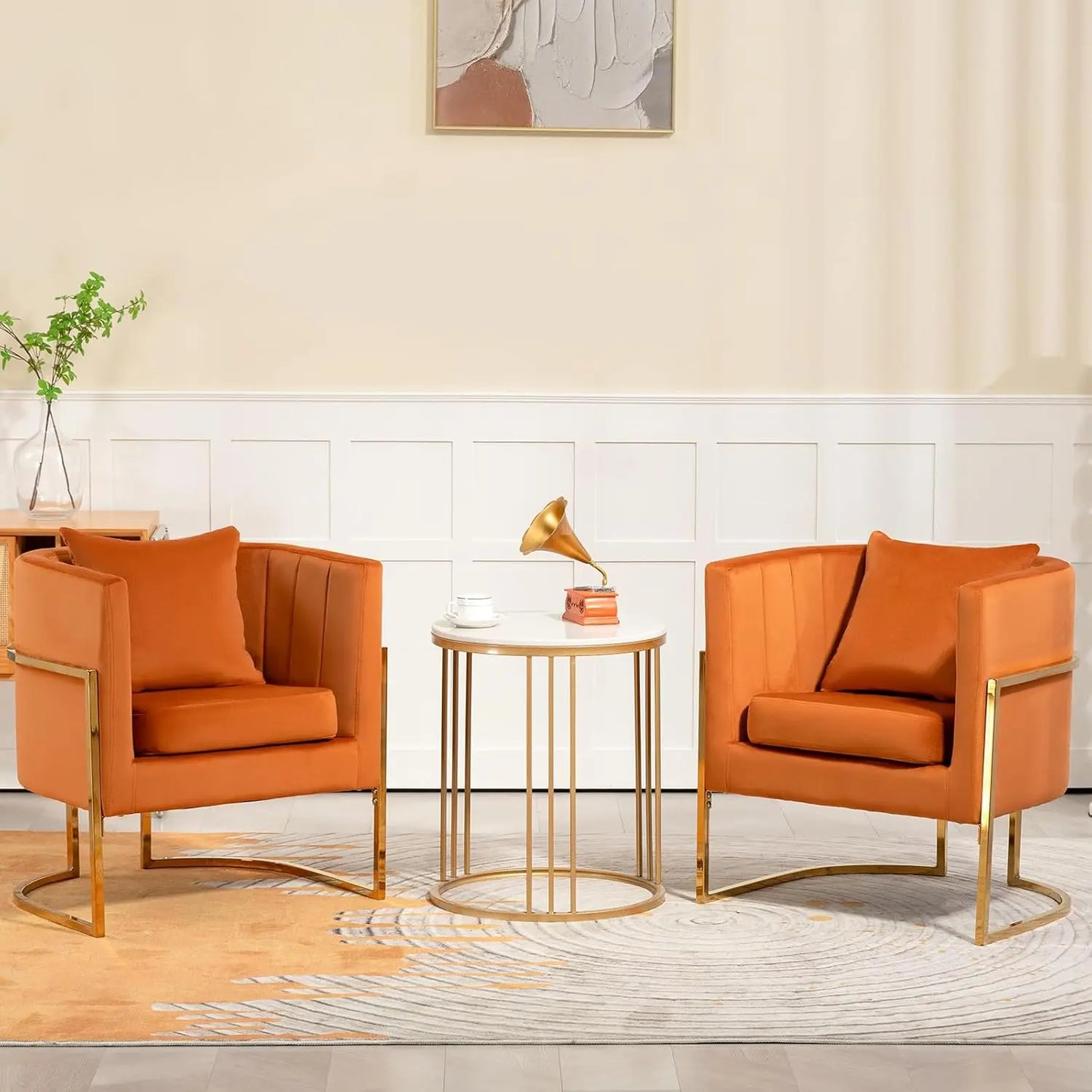 Velvet Accent Chair Set of 2 Mid Century Upholstered Barrel Armchairs