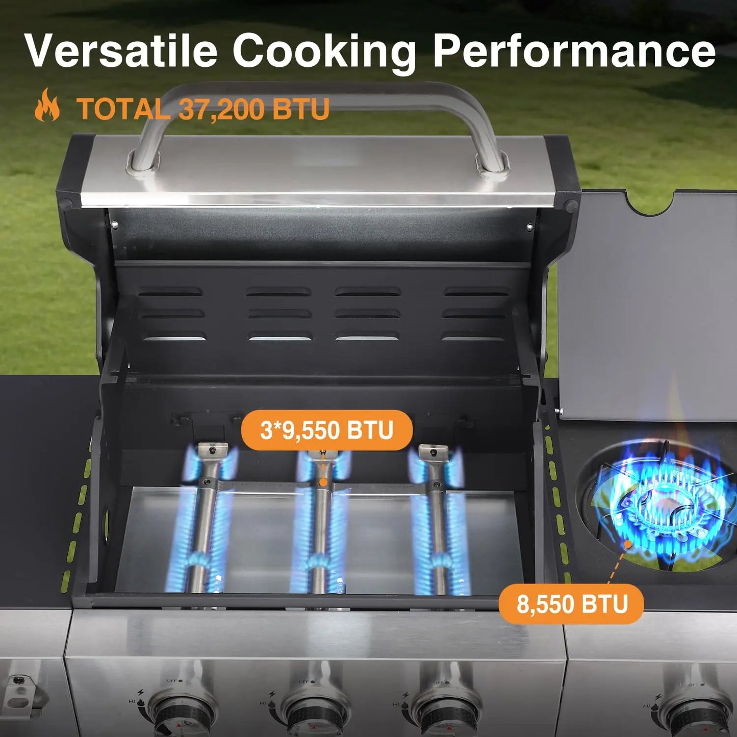 Three Burner Propane Gas Grill With Side Burner And Porcelain Cast Iron Grates