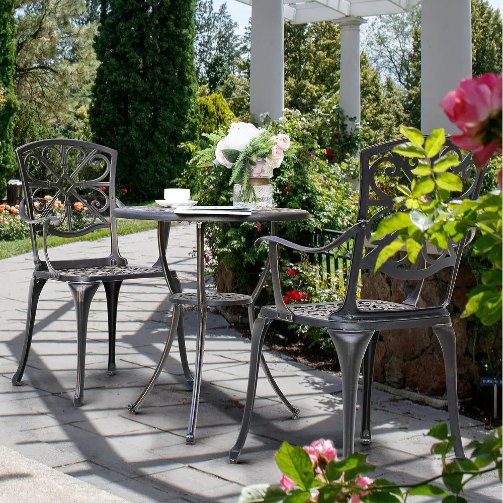 Bistro Set 3 Piece Outdoor All Weather Cast Patio Bistro Set Patio Table and Chairs Set o 2 with Umbrella Hole or Backyard, Balc
