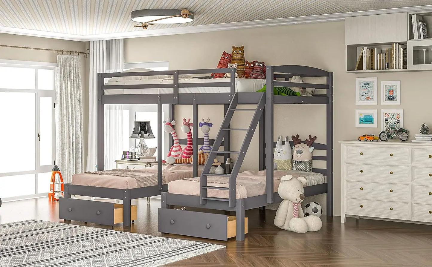 Triple Level Bunk Bed Frame With Integrated Storage Drawers