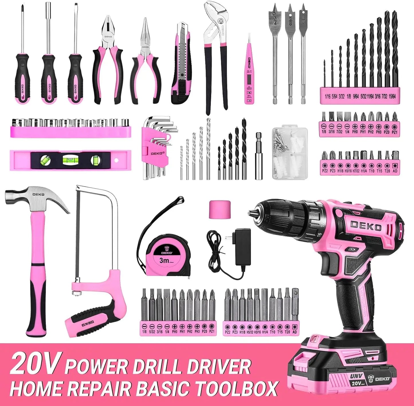 DeKo 20V Cordless Pink Drill Tool Kit With Battery