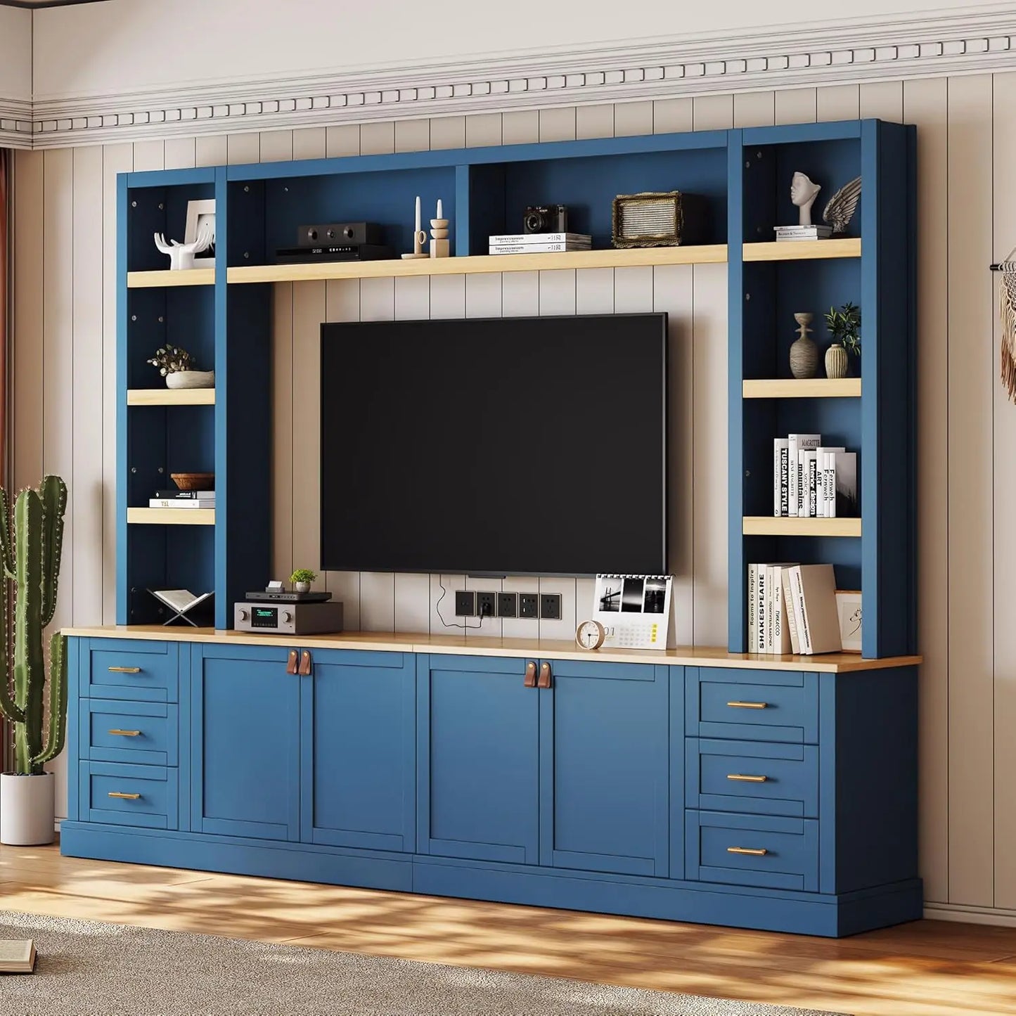 Farmhouse 4-Piece Entertainment Center With Bookshelves And Drawers