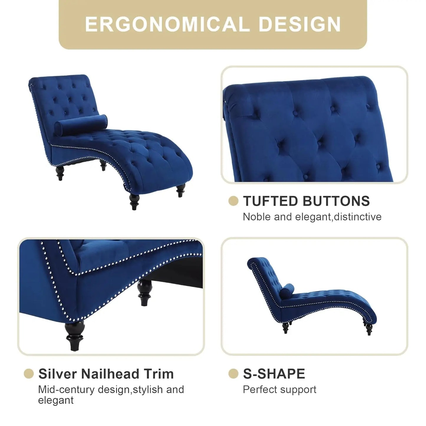Velvet Chaise Lounge Chair Tufted Upholstered With Pillow Living Room