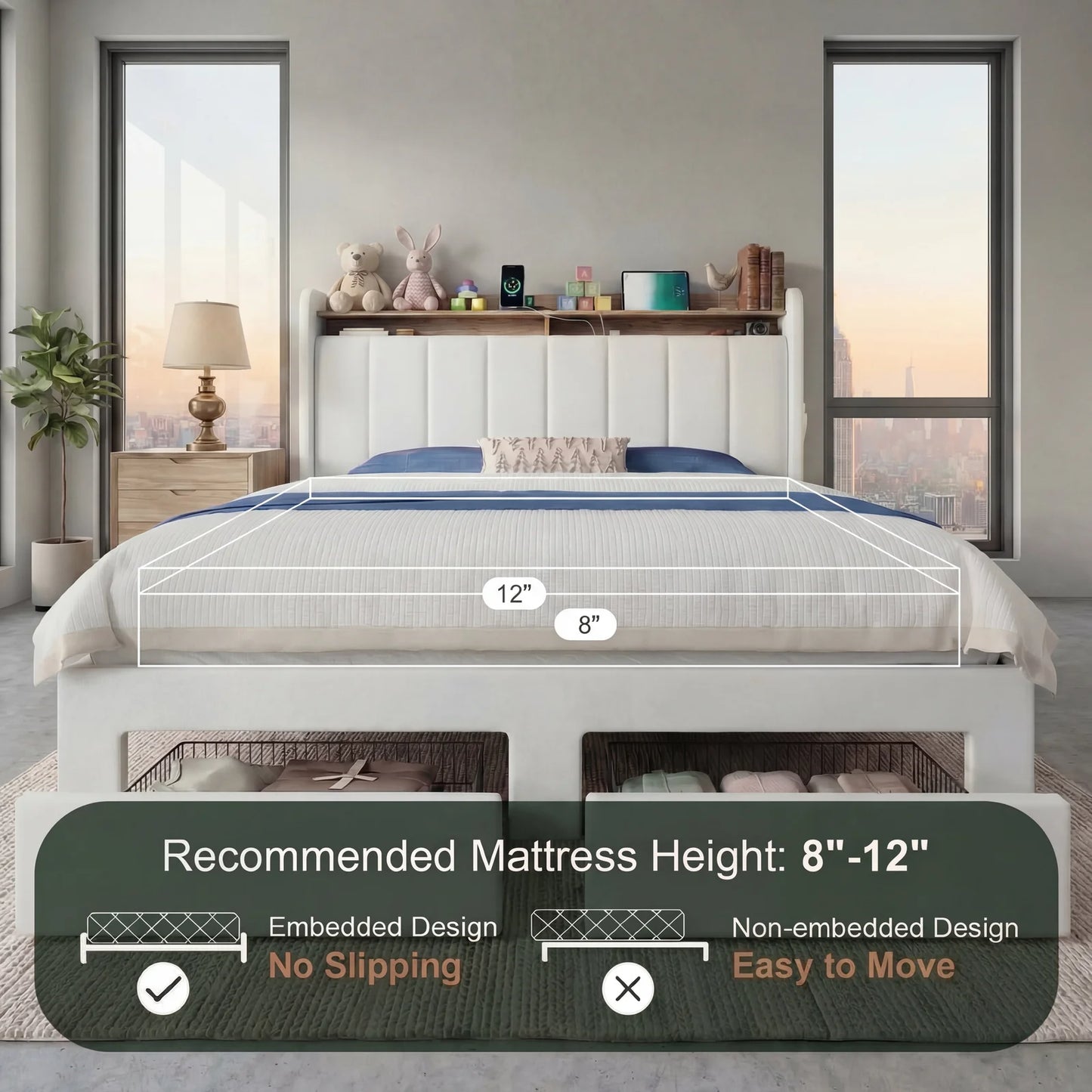 Hoomic Full Queen King Bed Frame With Storage Drawers Shelves Led Lights Charging Station