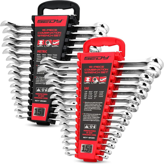 30-Piece Combination Wrench Set, 1/4" to 1" & 8-22mm, Professional 12-Point Wrench Kit with Organizer
