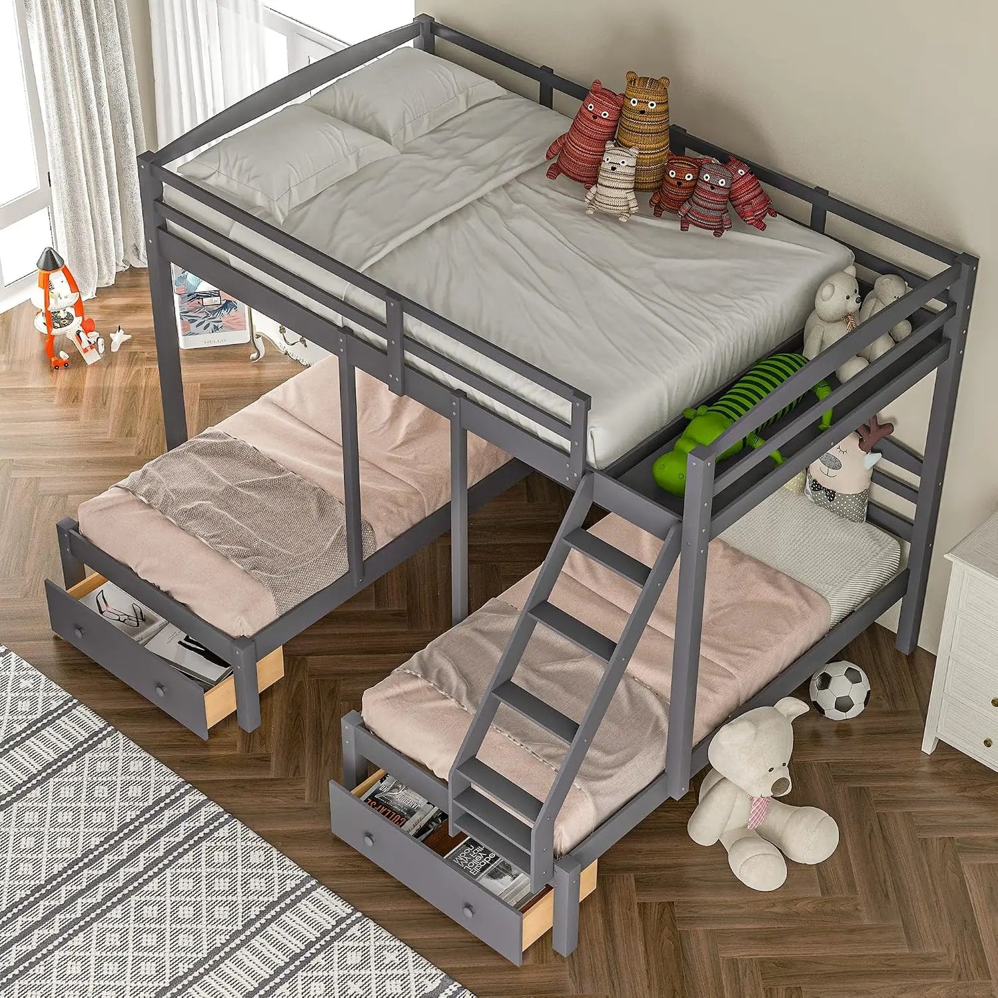 Triple Level Bunk Bed Frame With Integrated Storage Drawers