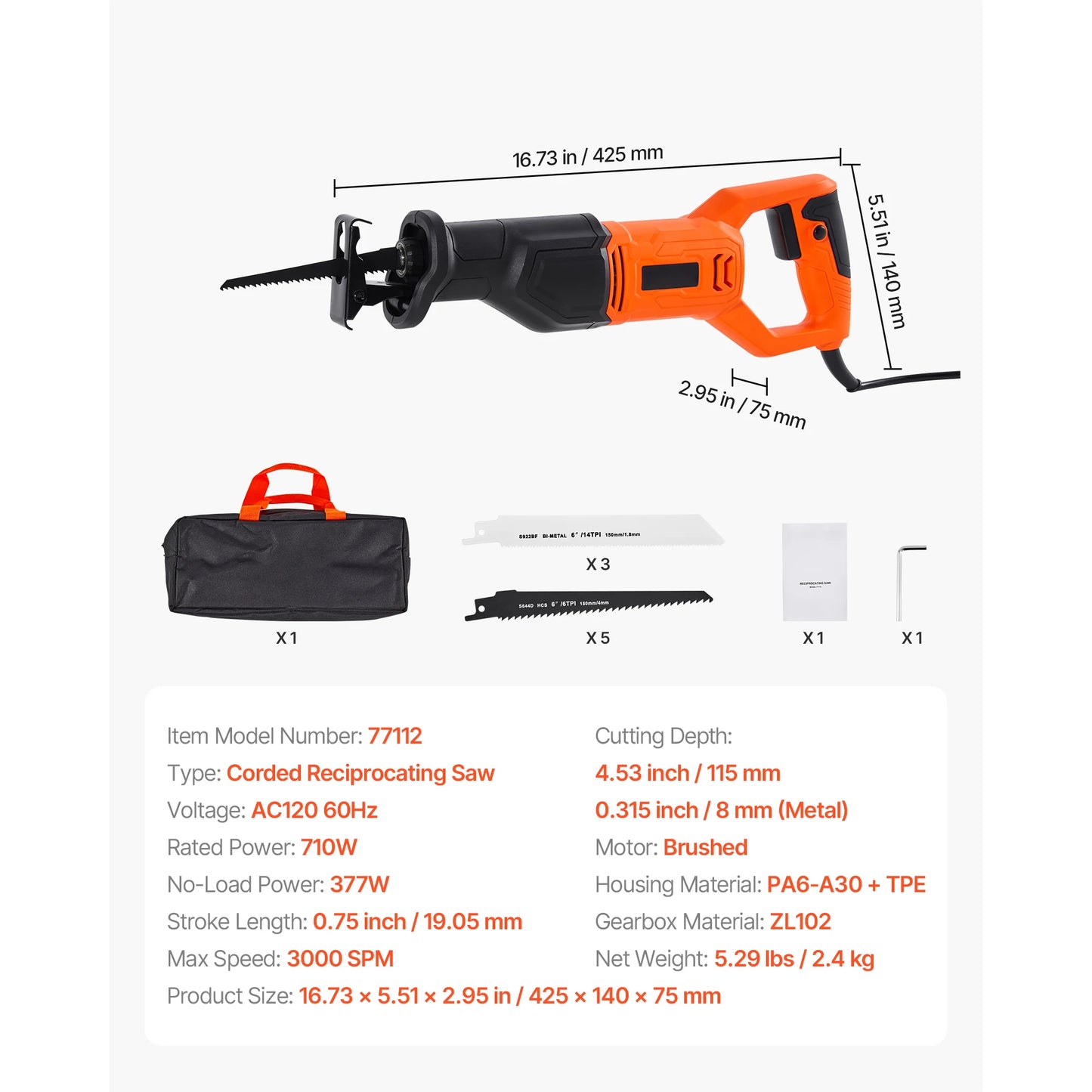 SucceBuy Corded Reciprocating Saw 120V 7.5A 2800 SPM