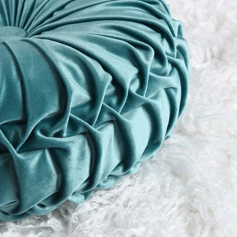 Round Velvet Throw Pillow With Pleated Design