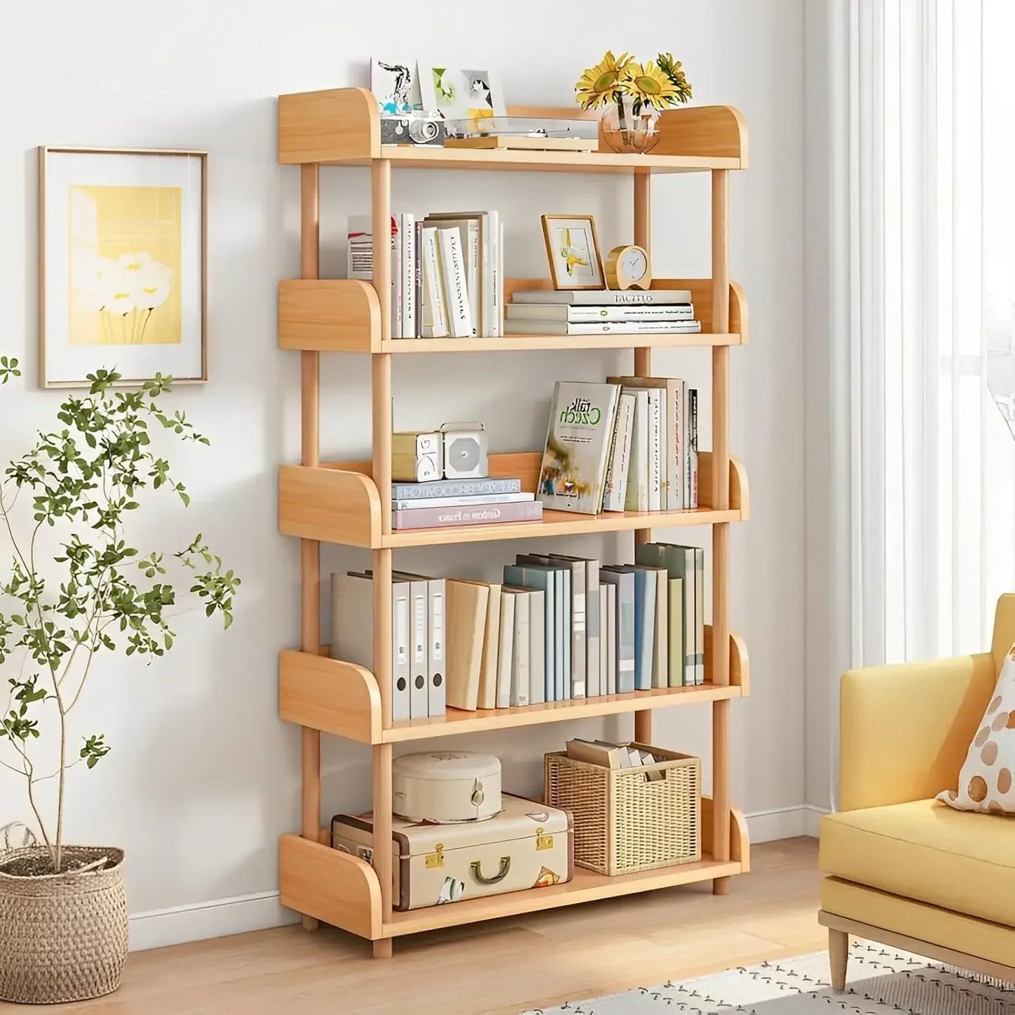 5 Tier Wooden Open Bookcase Modern Display Bookshelf Top Edge