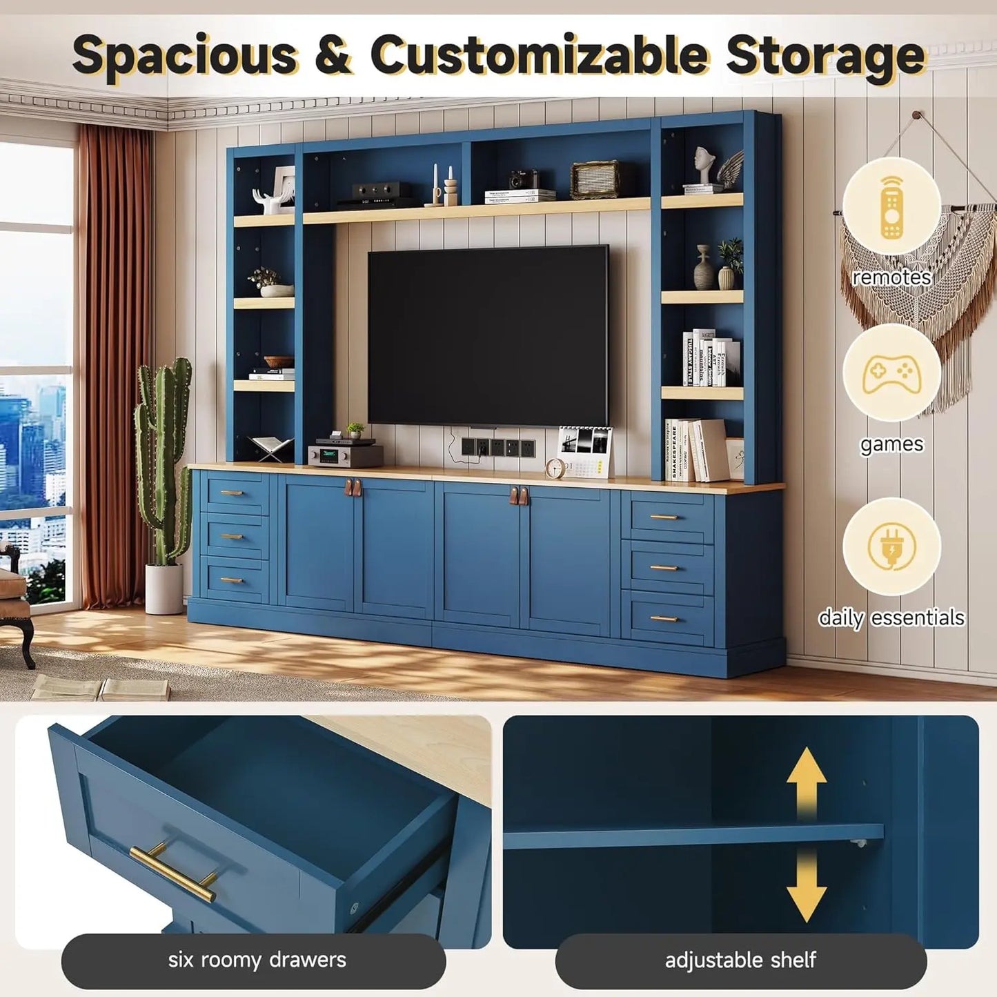 Farmhouse 4-Piece Entertainment Center With Bookshelves And Drawers