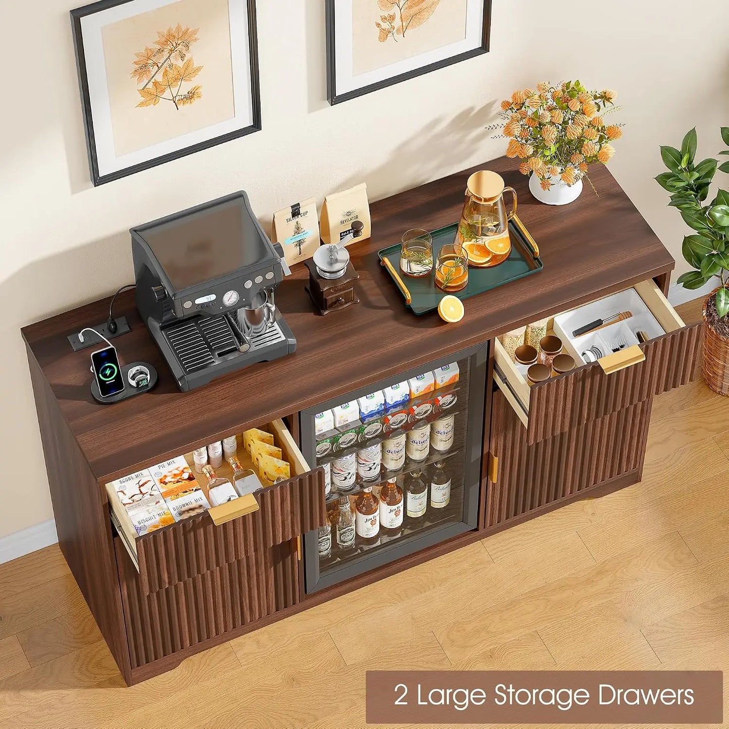 Wooden Coffee Bar Cabinet With Fridge Space And Charging Station
