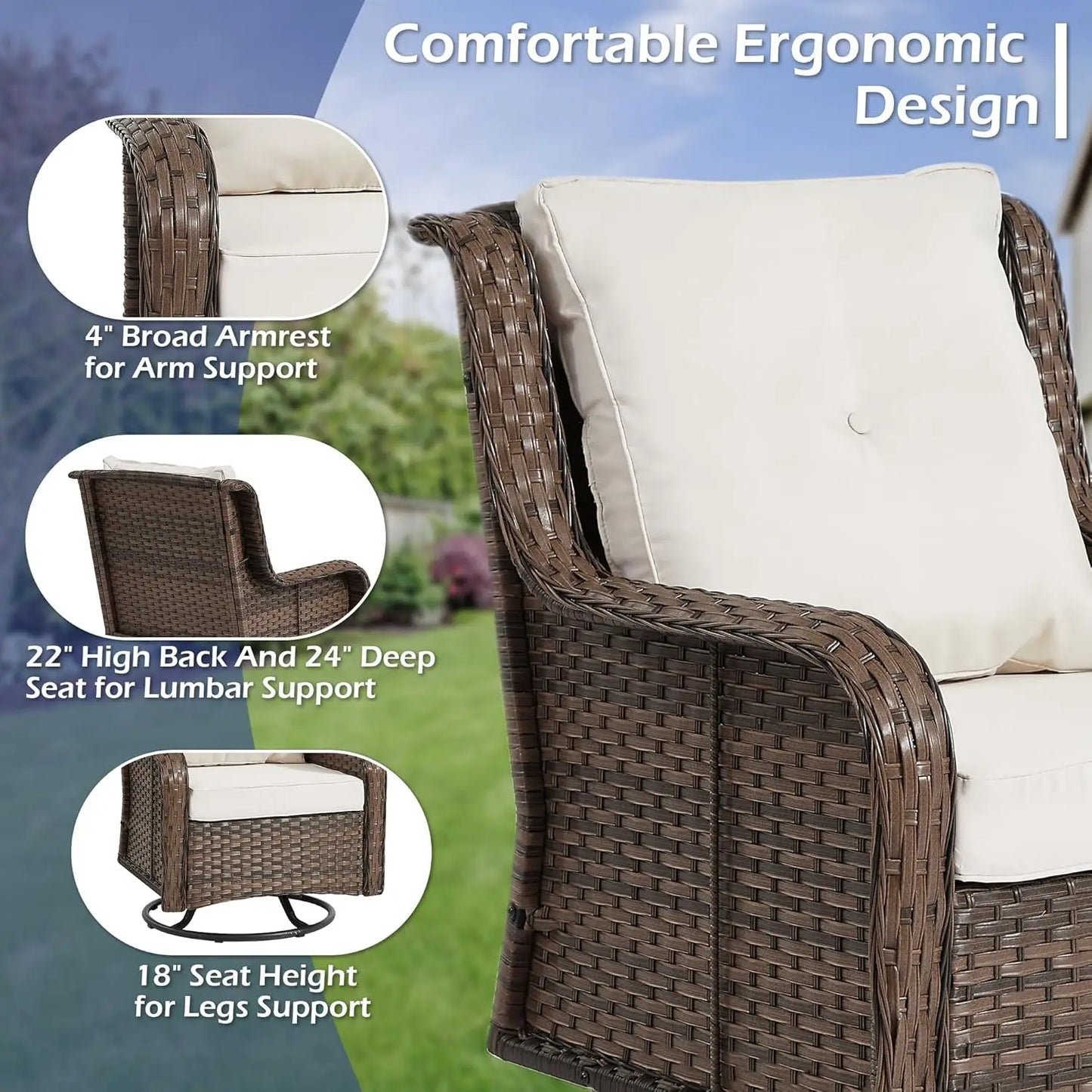 360 Degree Swivel Patio Set Wicker Rocking Chairs Side Table