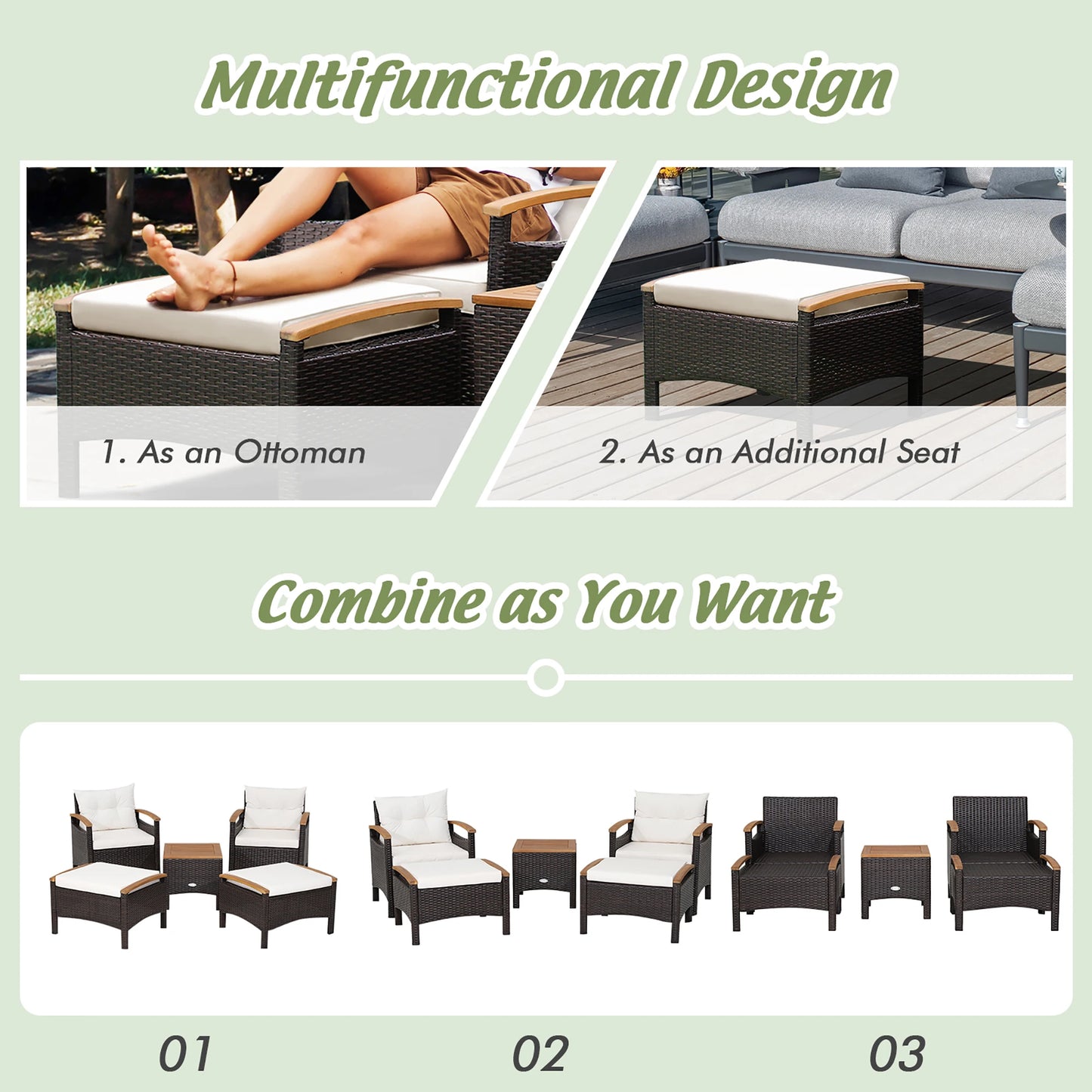 HOMASIS 5-Piece Patio Rattan Sofa Set With Wood-Top Table Cushions