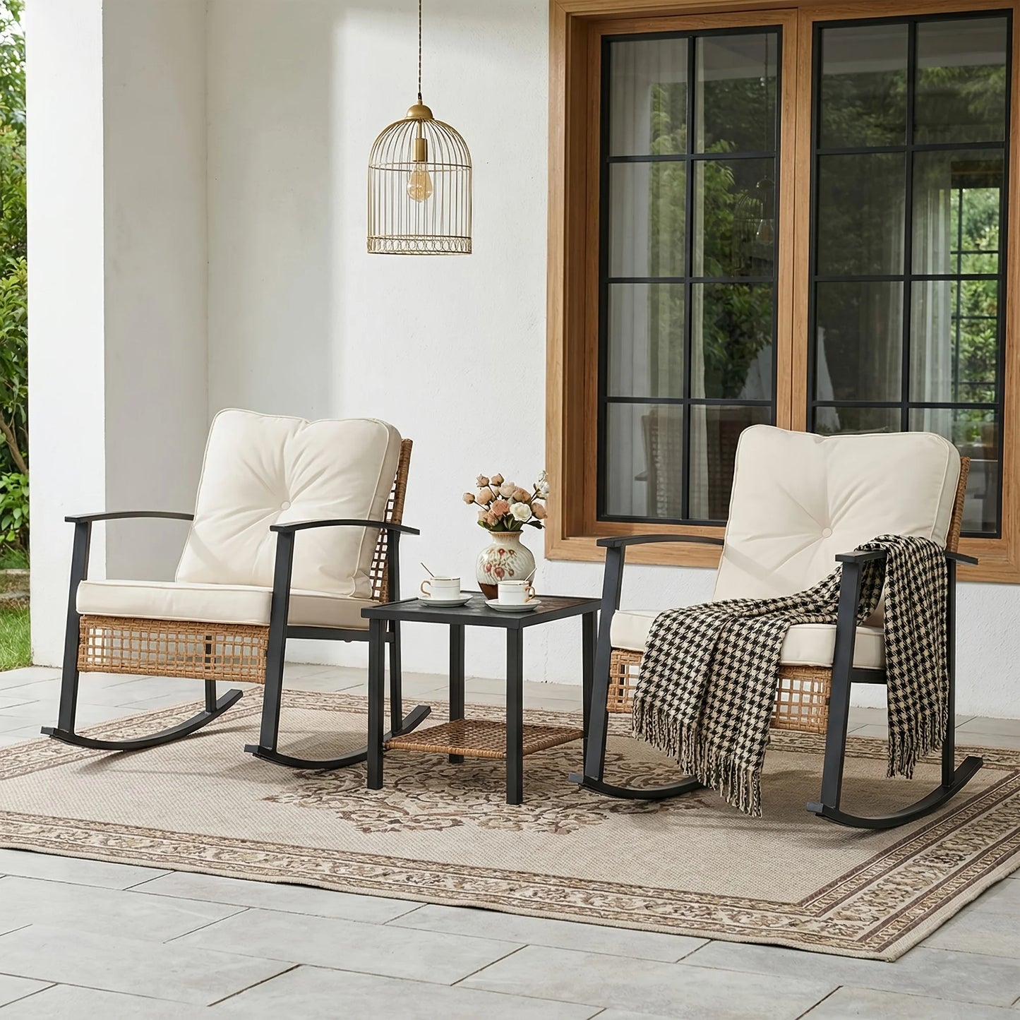 PIYRQ Rattan Rocking Chair Set Outdoor Patio Garden 3 Piece