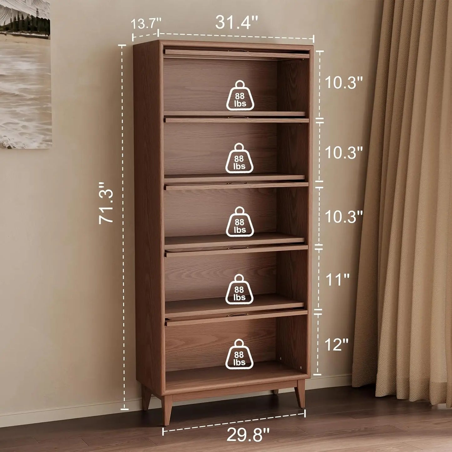 5 Tier Solid Wood Bookcase With Tempered Glass Doors