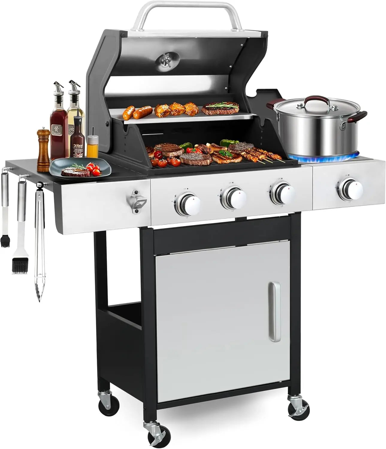 Three Burner Propane Gas Grill With Side Burner And Porcelain Cast Iron Grates