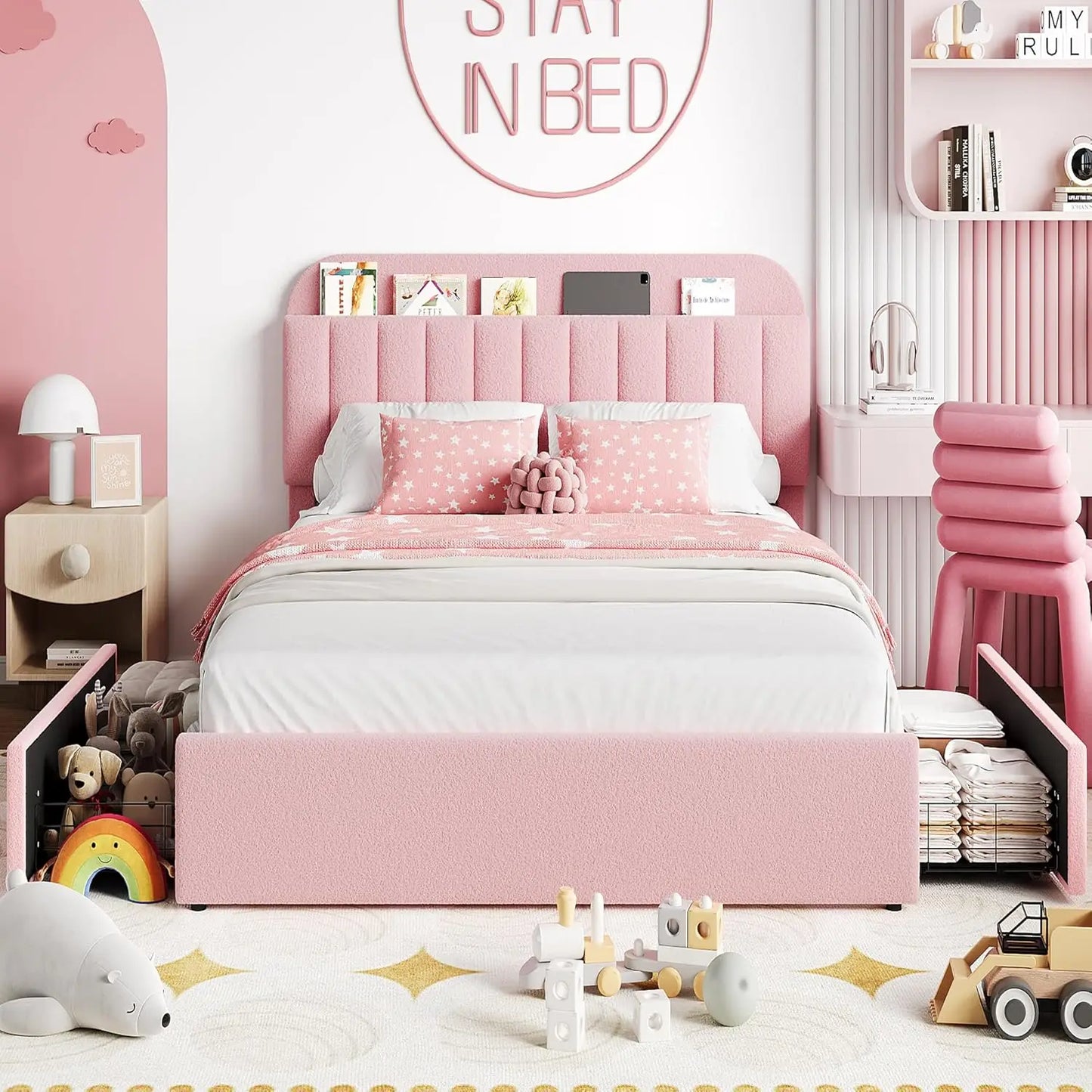 Twin Size Bed Frame with 2 Flexible Drawers, Boucle Upholstered Platform Bed Frame with Bookcase Headboard, Bedframe for Kids/Gi