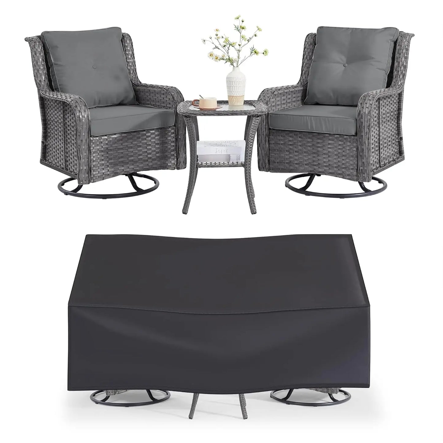 360 Degree Swivel Patio Set Wicker Rocking Chairs Side Table