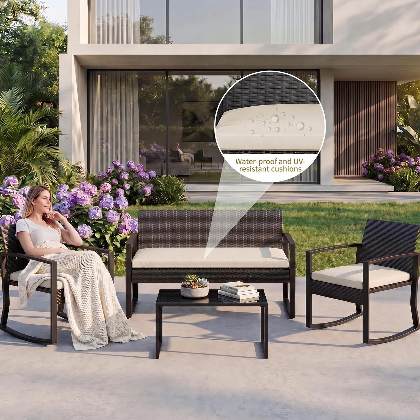 HobbyLane Outdoor 4 Piece PE Wicker Patio Rocking Furniture Set