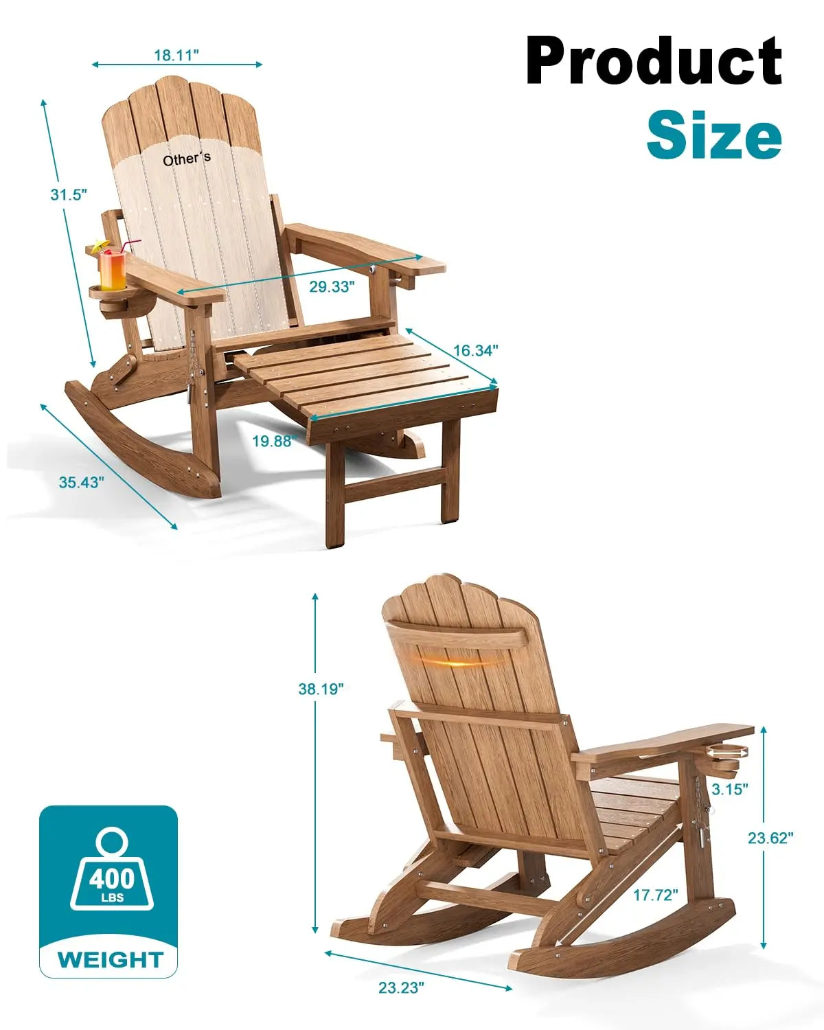 Folding Adirondack Rocking Chair with Retractable Ottoman & Cup Holder Patio Porch Lawn Outdoor Brown Set of 4, Custom