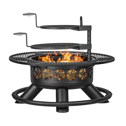 Outdoor Fire Pit With Grills Lid Large Round Metal