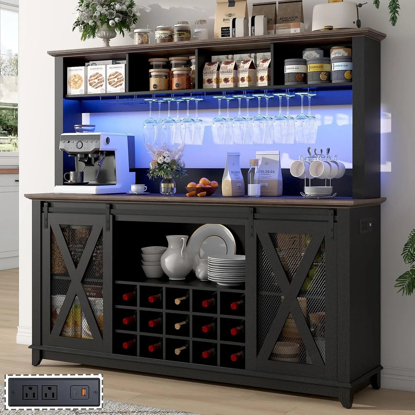Farmhouse Coffee Bar Cabinet With Led Lights And Power Outlet