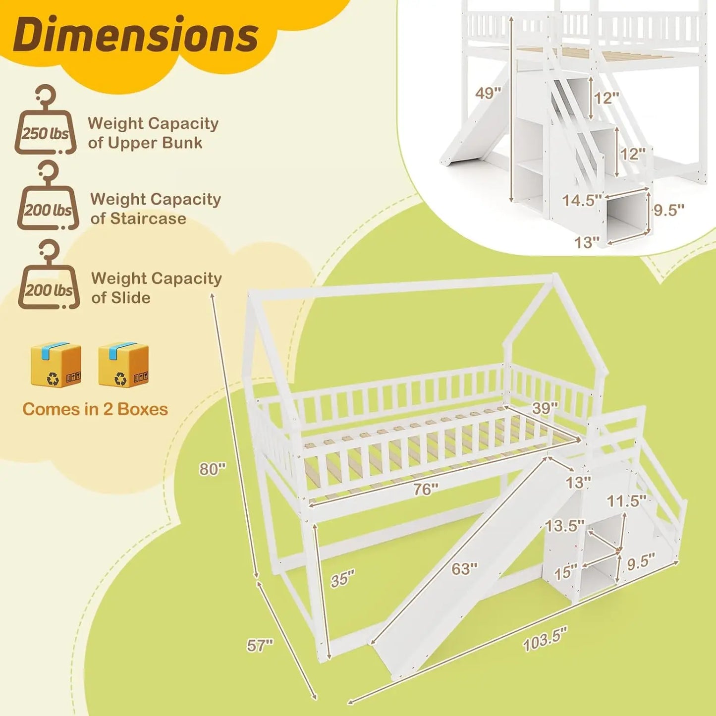 Twin Over Twin Wood Bunk Bed With Slide Guardrails Staircase