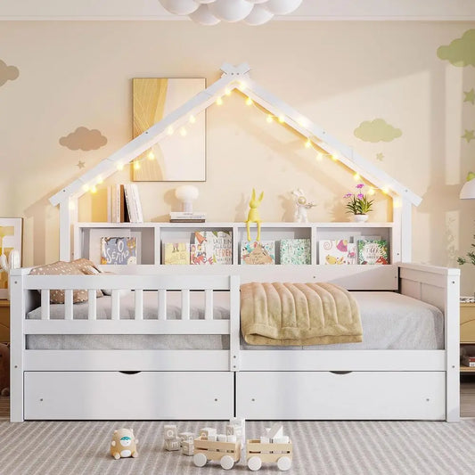 Full-Size Wooden Bed with Storage Drawers, LED Daybed, Shelves, and Safety Rails for Kids - White