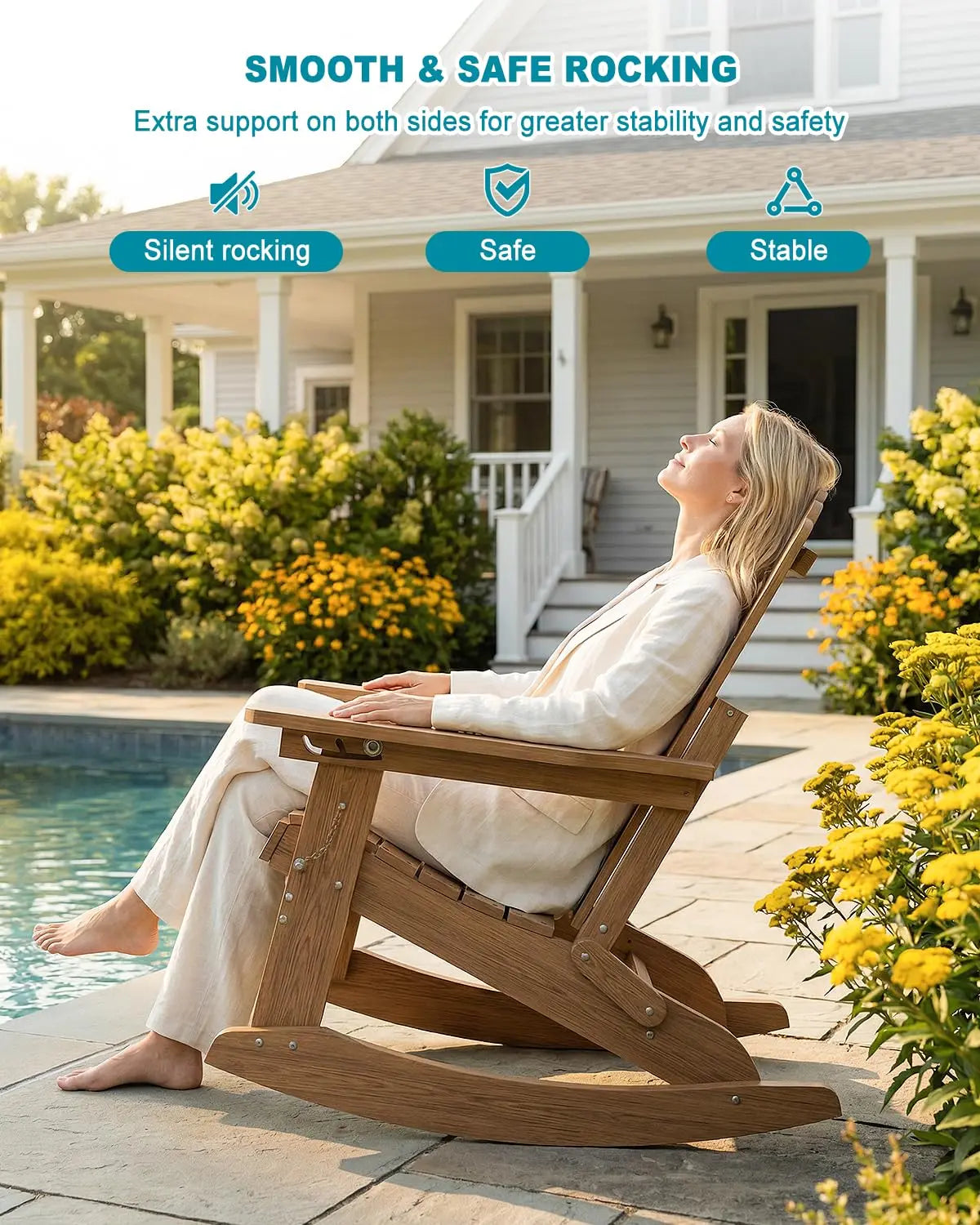 Folding Adirondack Rocking Chair with Retractable Ottoman & Cup Holder Patio Porch Lawn Outdoor Brown Set of 4, Custom