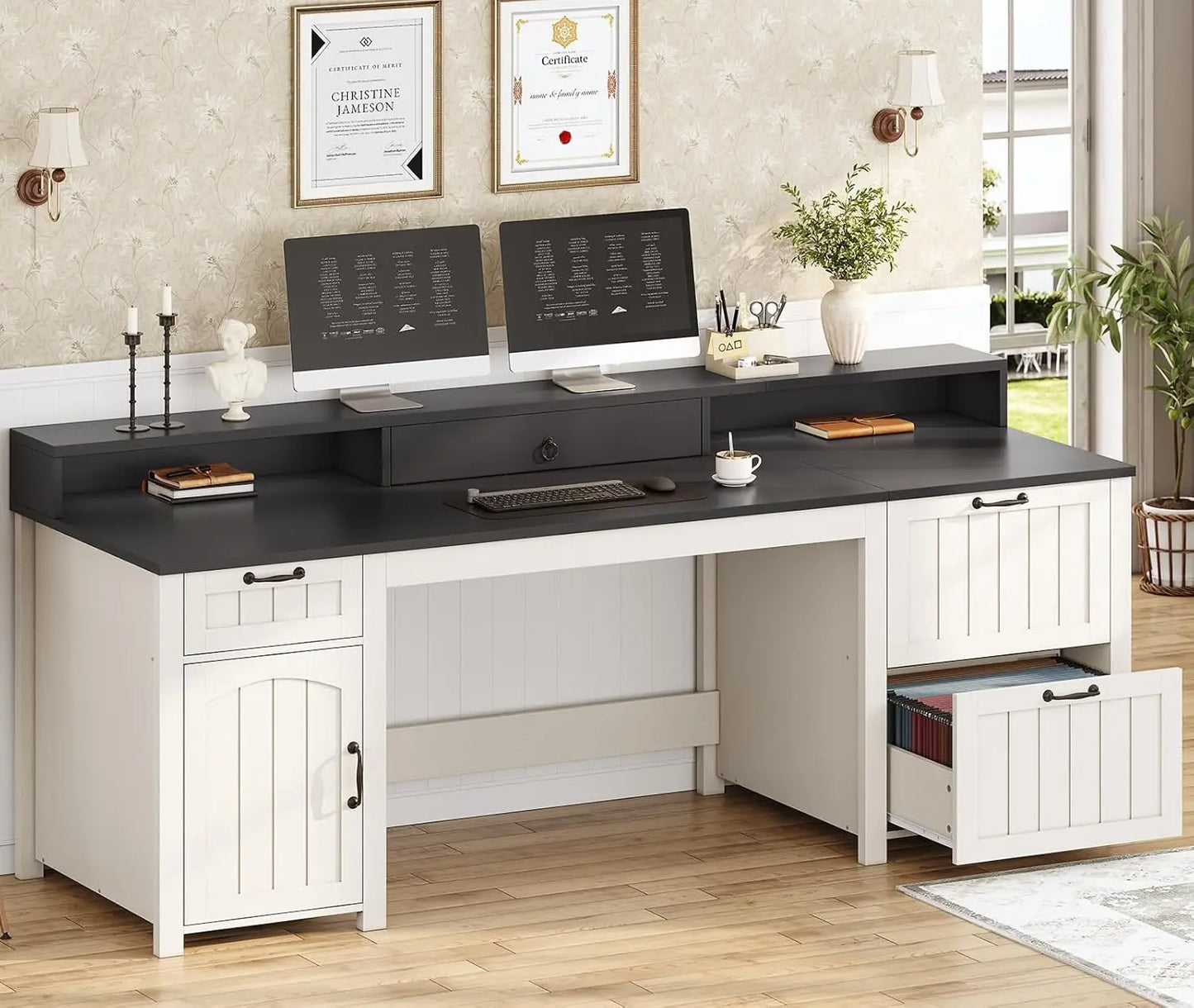 Farmhouse 63 Inch Executive Computer Desk With Drawers
