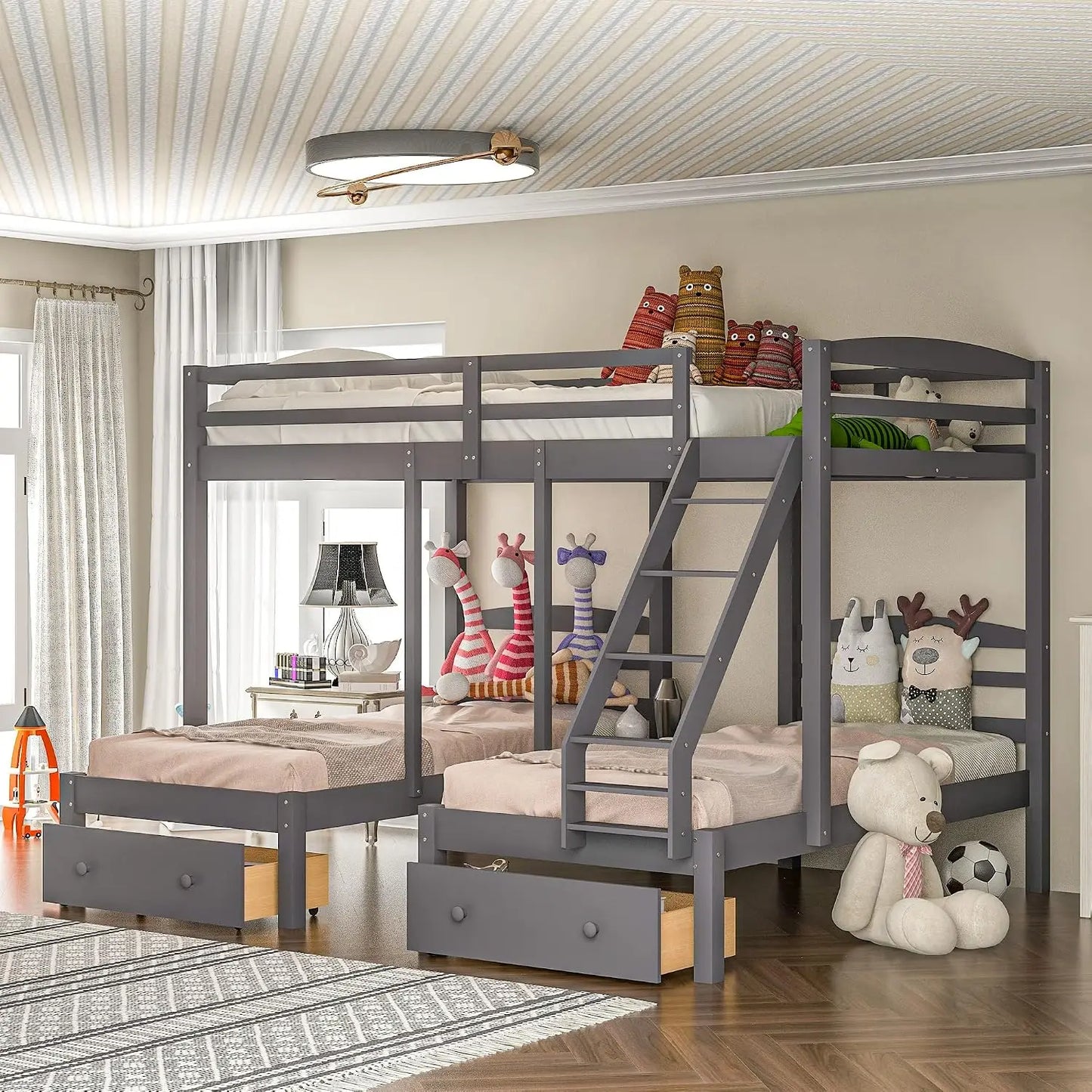 Triple Level Bunk Bed Frame With Integrated Storage Drawers