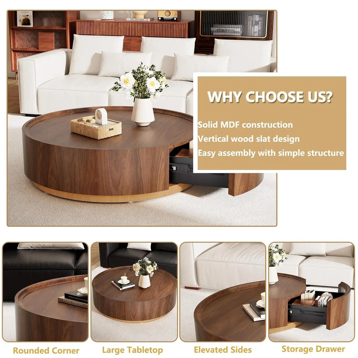 Guohe Vintage Round Coffee Table With Storage Drawer