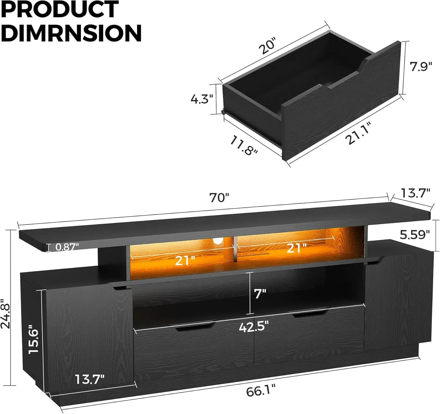 IRONCK TV Stand With Power Outlet And LED Lights Cabinets