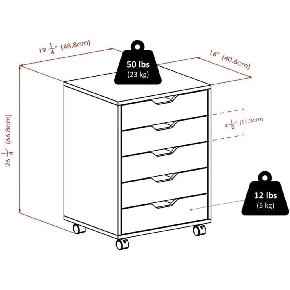Five-Drawer Wooden Mobile Cabinet With Engineered Wood Construction