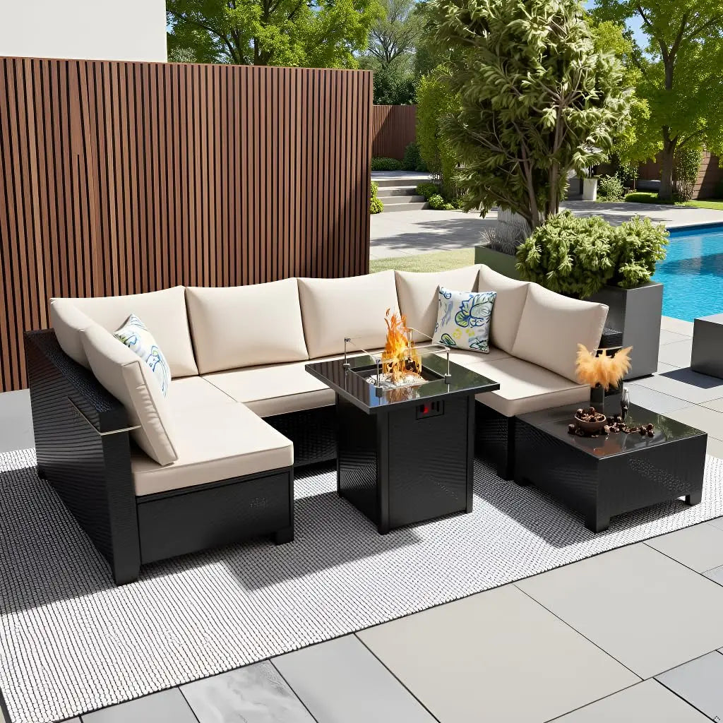 Durable Patio Furniture Set With Fire Pit Table Outdoor Rattan Sectional Sofa