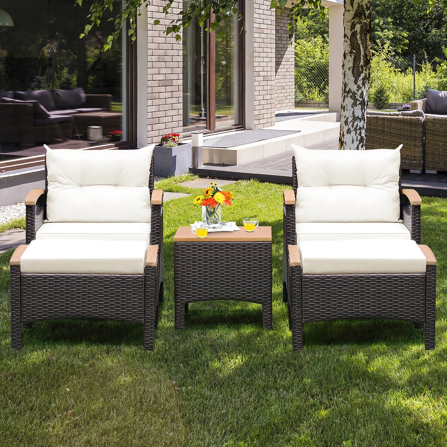 HOMASIS 5-Piece Patio Rattan Sofa Set With Wood-Top Table Cushions