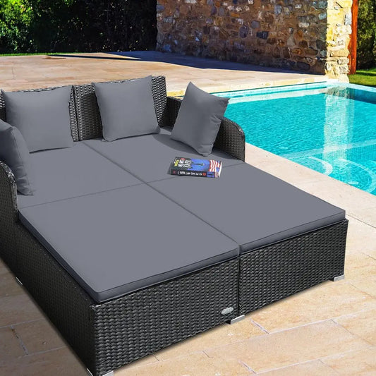 Rattan Patio Outdoor Daybed Wicker Two Person Sunbed Loveseat Cushions