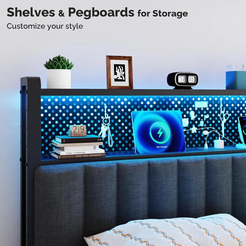 Adjustable Upholstered Headboard With Shelves Pegboard And LED