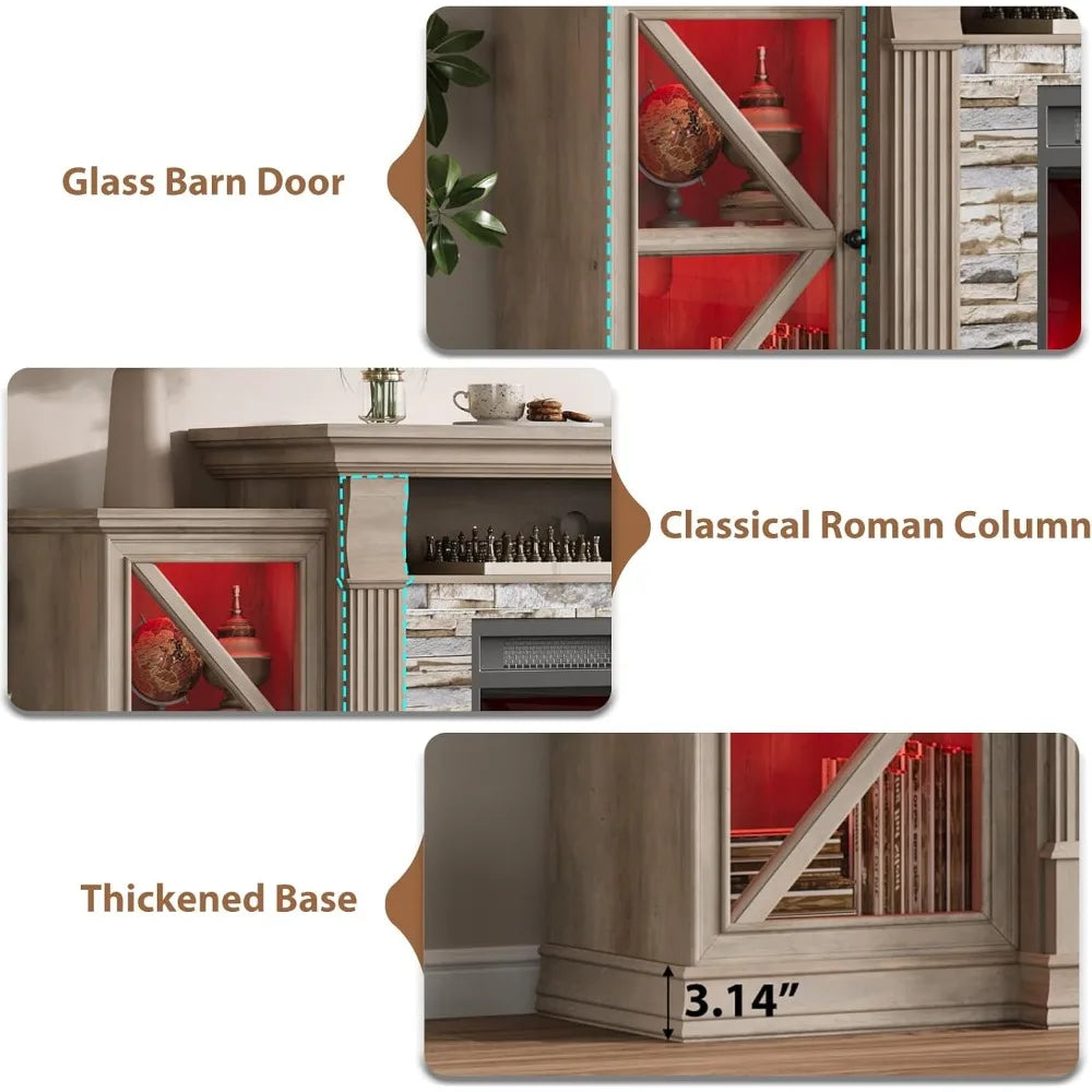 Electric Fireplace TV Stand Modern Farmhouse Entertainment Center Glass Cabinet