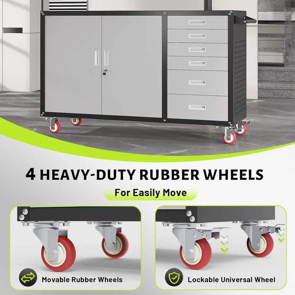 Heavy Duty Rolling Workbench 55W Lockable Cabinet Pegboard
