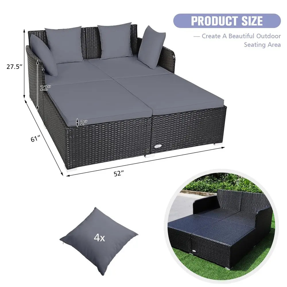 Rattan Patio Outdoor Daybed Wicker Two Person Sunbed Loveseat Cushions