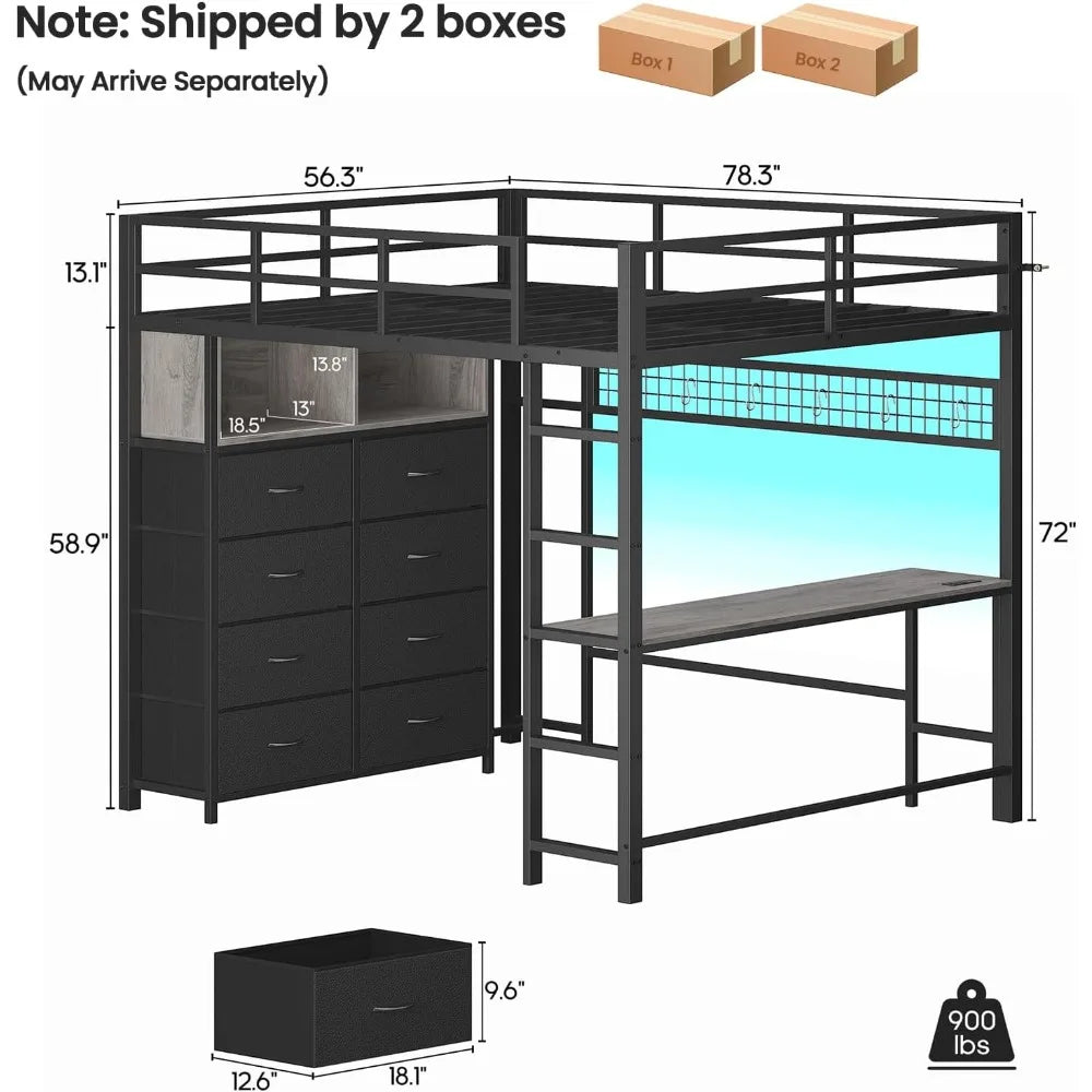 Loft Bed With Desk Eight Drawers Led Lights Outlet Rack