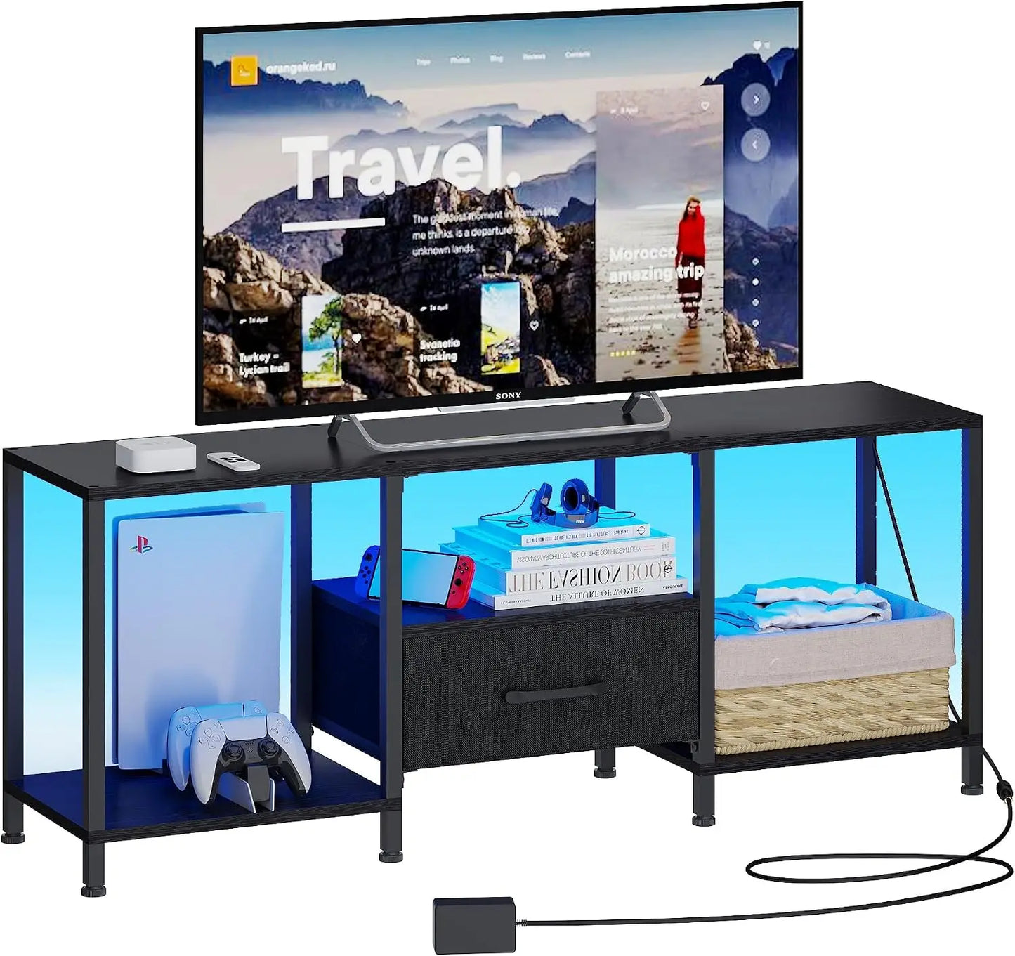 TV Stand With LED Lights And Fabric Drawer Media Console