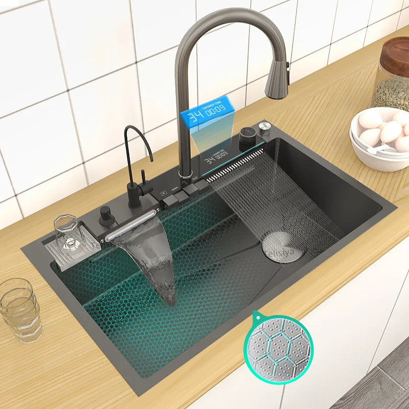 Telisiya Waterfall Kitchen Sink Stainless Steel Single Slot Digital Display