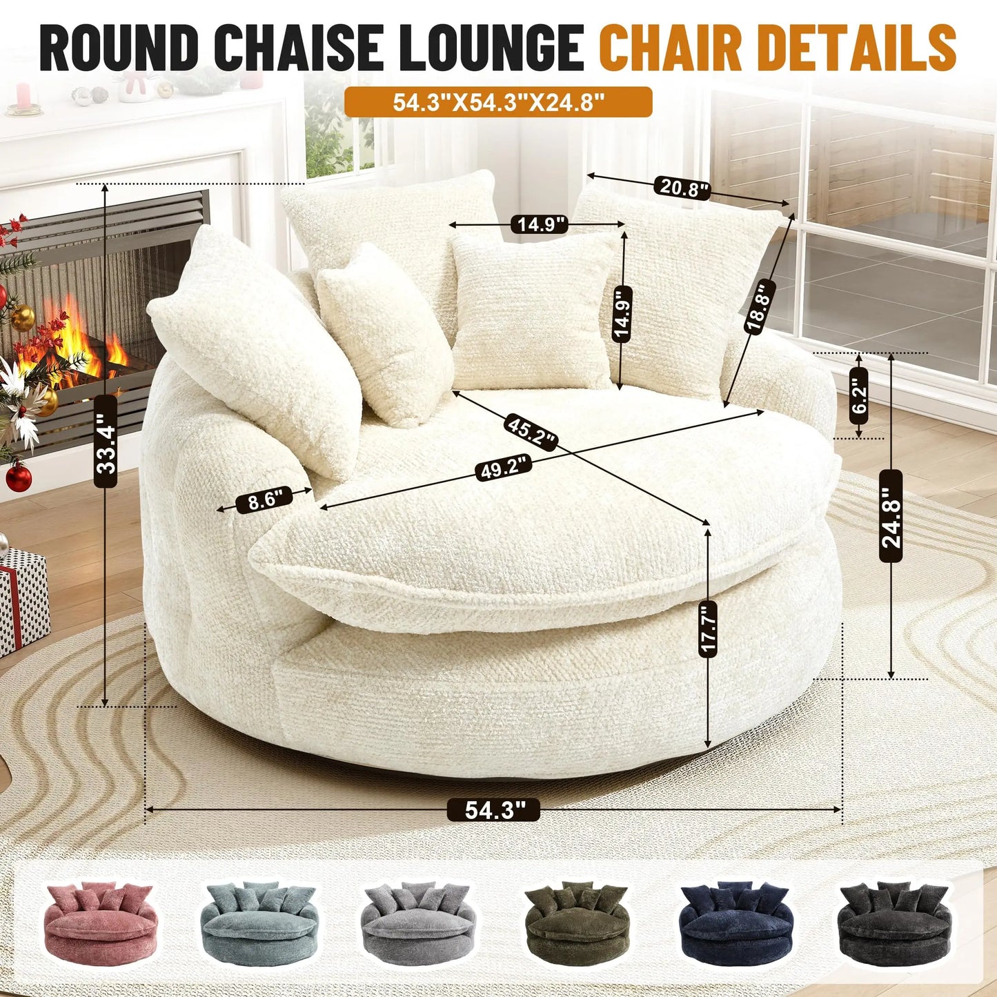 Round Chaise Lounge Chair Modern Upholstered With Five Throw Pillows