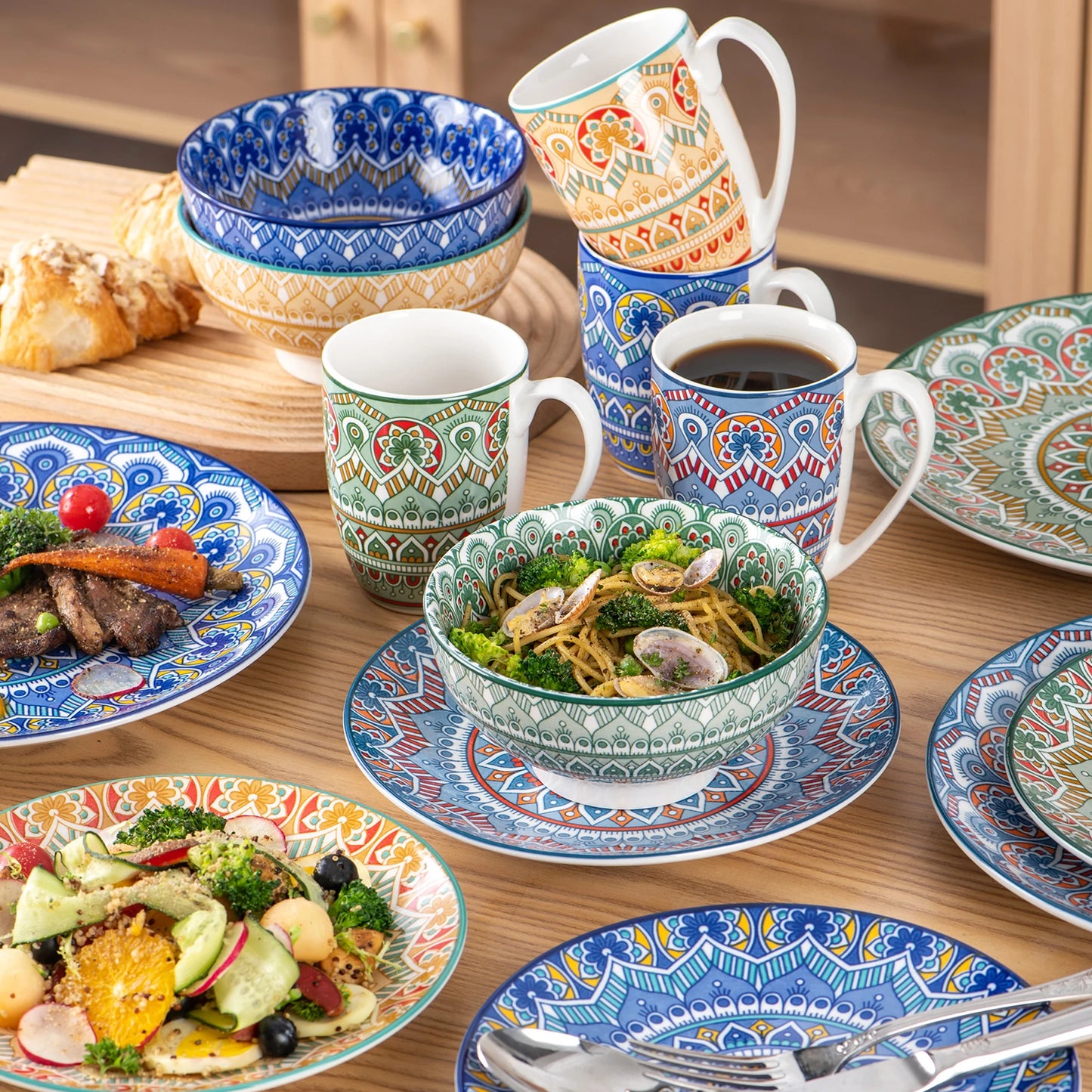 MALACASA Ceramic Dinnerware Set Bohemian Mandala Pattern